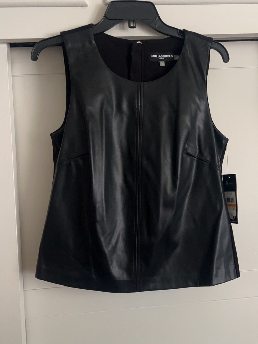 Karl Lagerfeld Back Zip Black Faux Leather Sleeveless Shell Top Size Small NWT